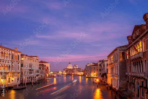 Grand Canal and Santa Maria della Salute on sunset. Venice, Italy. picture with long exposure