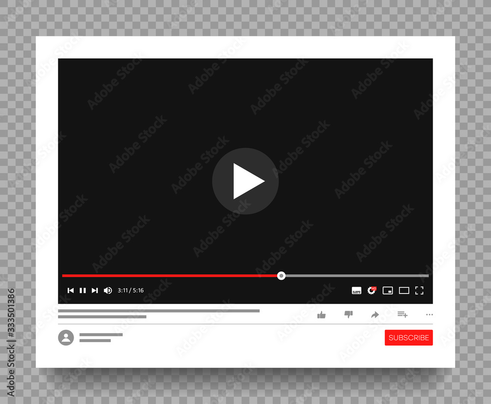 Interface of multimedia player of social media. Website page with playing video or video channel. Mockup on transparen background with shadow. Vector illustration. Interface of multimedia player of social media. Website page with playing video or video channel. Mockup on transparen background with shadow. Vector illustration.