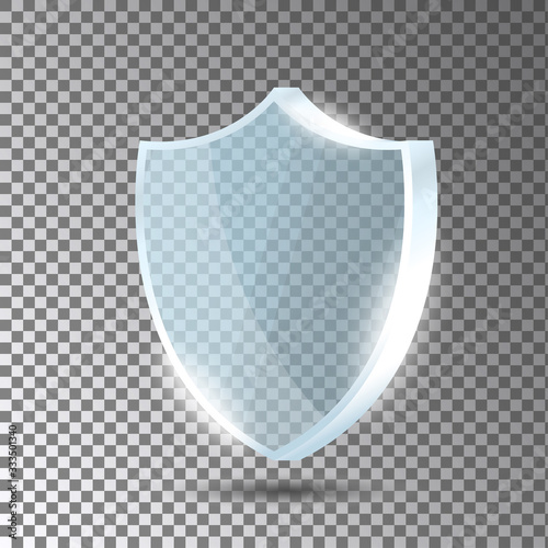 Glass shield. Blue acrylic security shield or plexiglass plate with gleams and light reflections. Concept of award trophy or safety on transparent background. Vector illustration.