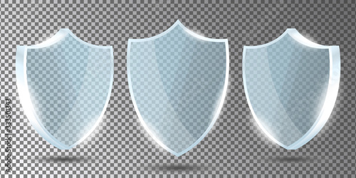 Glass shields set on transparent background in front and side view. Acrylic security shield or plexiglass plates with gleams and light reflections. Concept of award trophy or safety. Vector