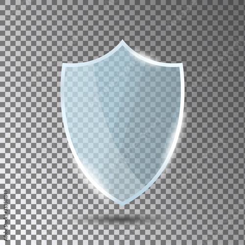 Glass shield in front view. Blue acrylic security shield or plexiglass plate with gleams and light reflections. Concept of award trophy or safety on transparent background. Vector illustration.