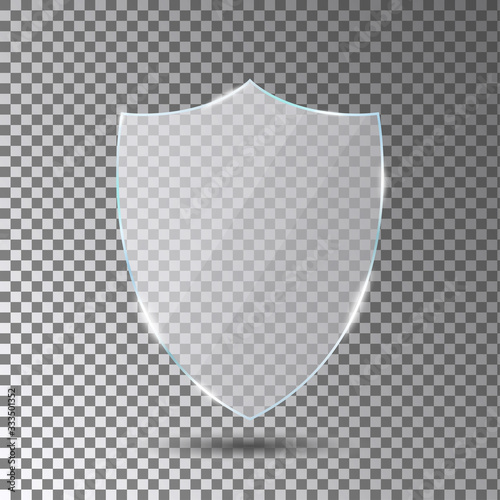 Glass shield on transparent background. Acrylic security shield or plexiglass plate with gleams and light reflections. Concept of award trophy or safety. Vector illustration.