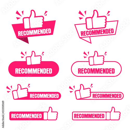 Recommended banner set. Paper tag for recommend with thumbs up. Collection of advertising badges design with like. Vector illustration.