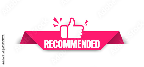 Recommended label. Paper tag for recommend with thumbs up. Advertising badges design with like. Vector illustration.
