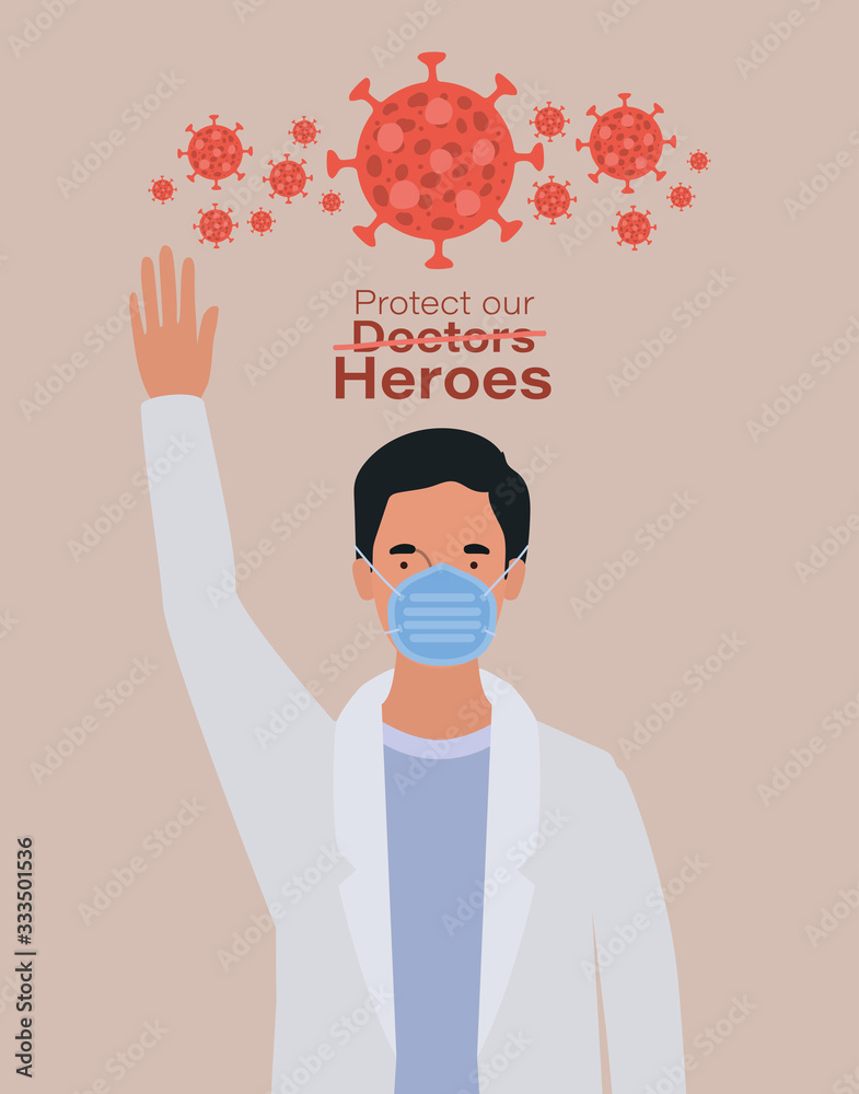 man doctor hero with uniform mask and 2019 ncov virus vector design man doctor hero with uniform mask and 2019 ncov virus vector design
