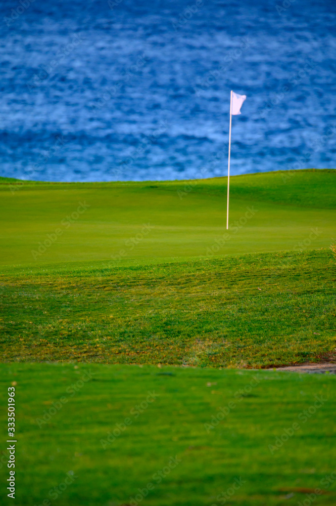 View on evergreen grass field on large golf course and blue Atlantic ocean on Tenerife island, Canary, Spain View on evergreen grass field on large golf course and blue Atlantic ocean on Tenerife island, Canary, Spain