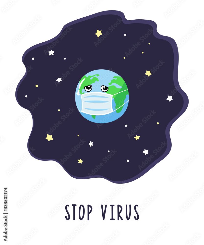 Sad cartoon Earth in medical mask. Coronavirus pandemic protection. Vector  illustration. Stock Vector | Adobe Stock
