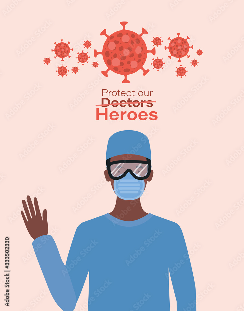 man doctor hero with uniform mask glasses and 2019 ncov virus vector design