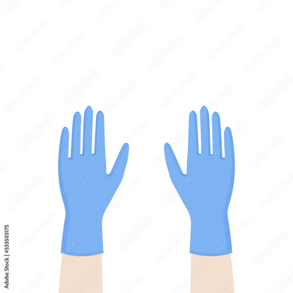 Hands up with blue nitrile medical gloves. Personal protective equipment. Prevention against viruses, bacteria, flu, coronavirus. Concept of hygiene, protection. Vector illustration, flat design