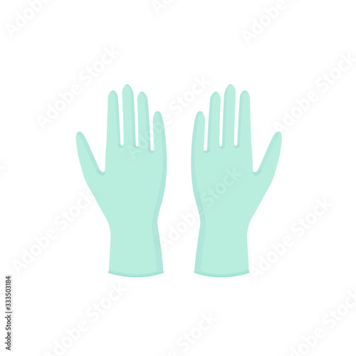 Hands up with turquoise medical gloves. Personal protective equipment. Prevention against viruses, bacteria, flu, coronavirus, covid-19. Concept of hygiene, protection. Vector illustration,flat design