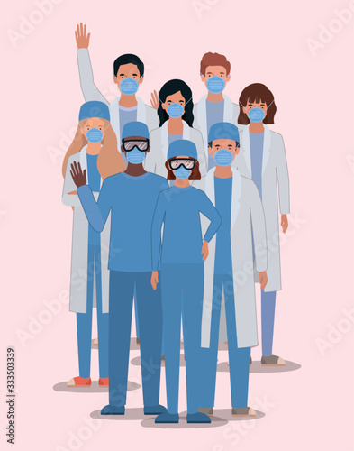 Men and women doctors with uniforms masks and glasses vector design