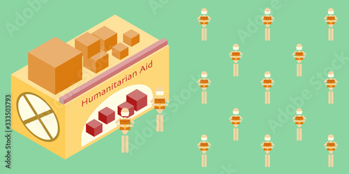 Humanitarian Aid vector poster. People stand in line with distance near point of issue of tent humanitarian aid. Flat banner in the epidemic of coronavirus. Design for volunteer flyers, infographics.