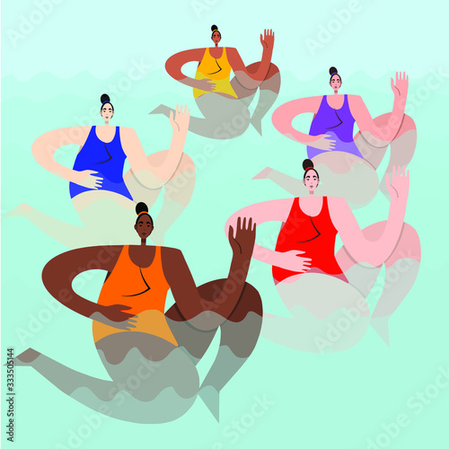 Group of female athletes. Synchronized swimming and water aerobics. Vector illustration. Hand drawn. T- shirt print design. Athlete in sportive outfit.