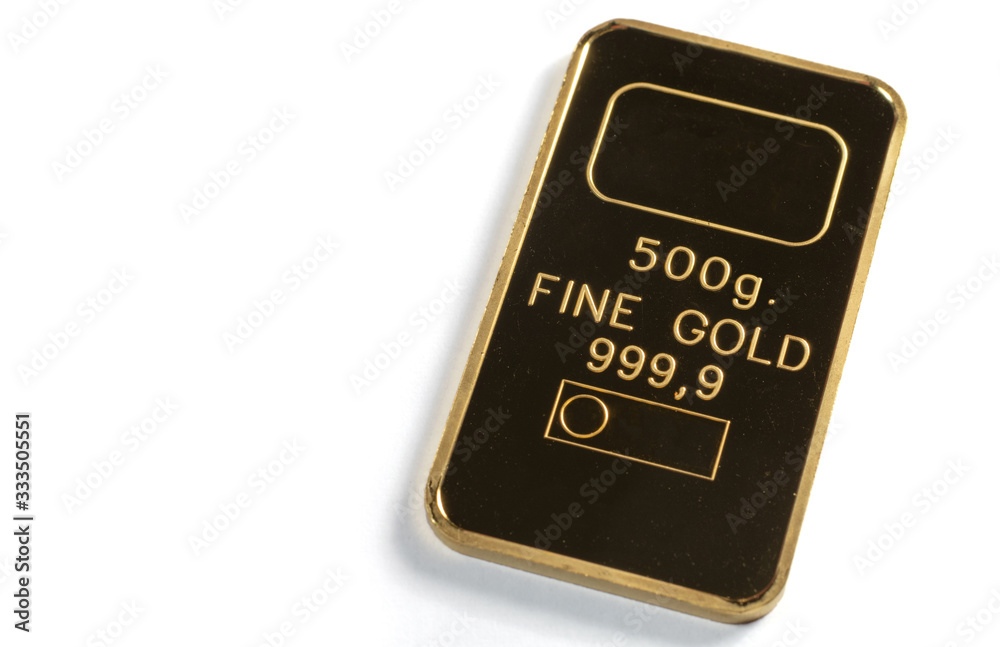 A minted gold bar weighing 500 grams is isolated on a white background.