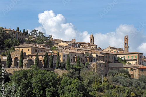 Europe, Italy, march 2020 Montalcino is an Italian town in the province of Siena in Tuscany famous for the production of Brunello di Montalcino red wine