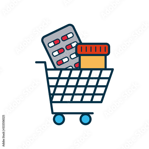 shopping cart with medication pills icon, line and fill style