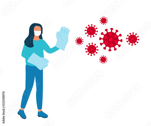 Woman against virus attack, wearing mask and gloves. Infection protection. Vector illustration