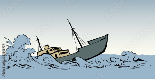 Shipwreck in the waves. Vector drawing