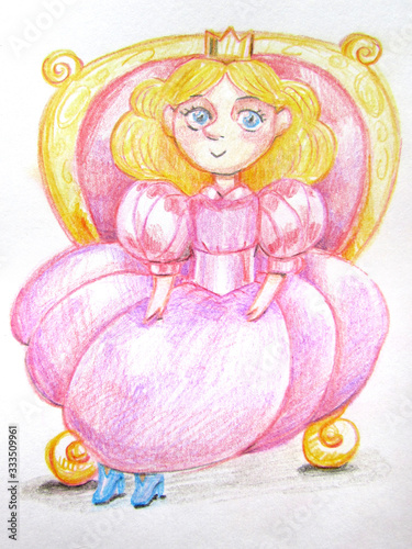 A simple cute princess in a pink dress, with a crown and crystal shoes, sits on a red throne with gilded drawing with colored pencils.