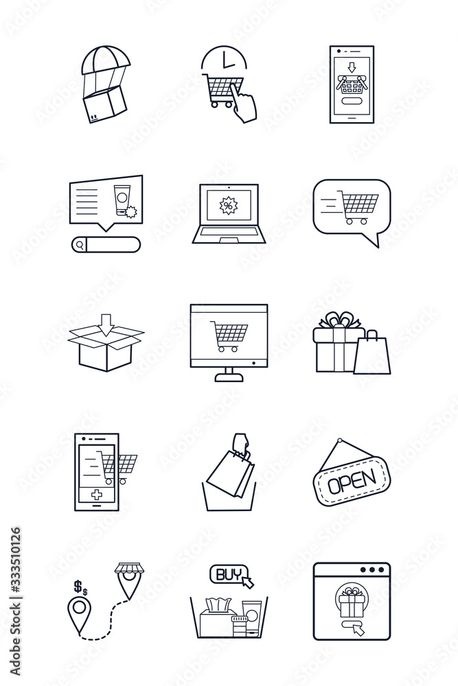 smartphones and shopping online icon set, line style smartphones and shopping online icon set, line style