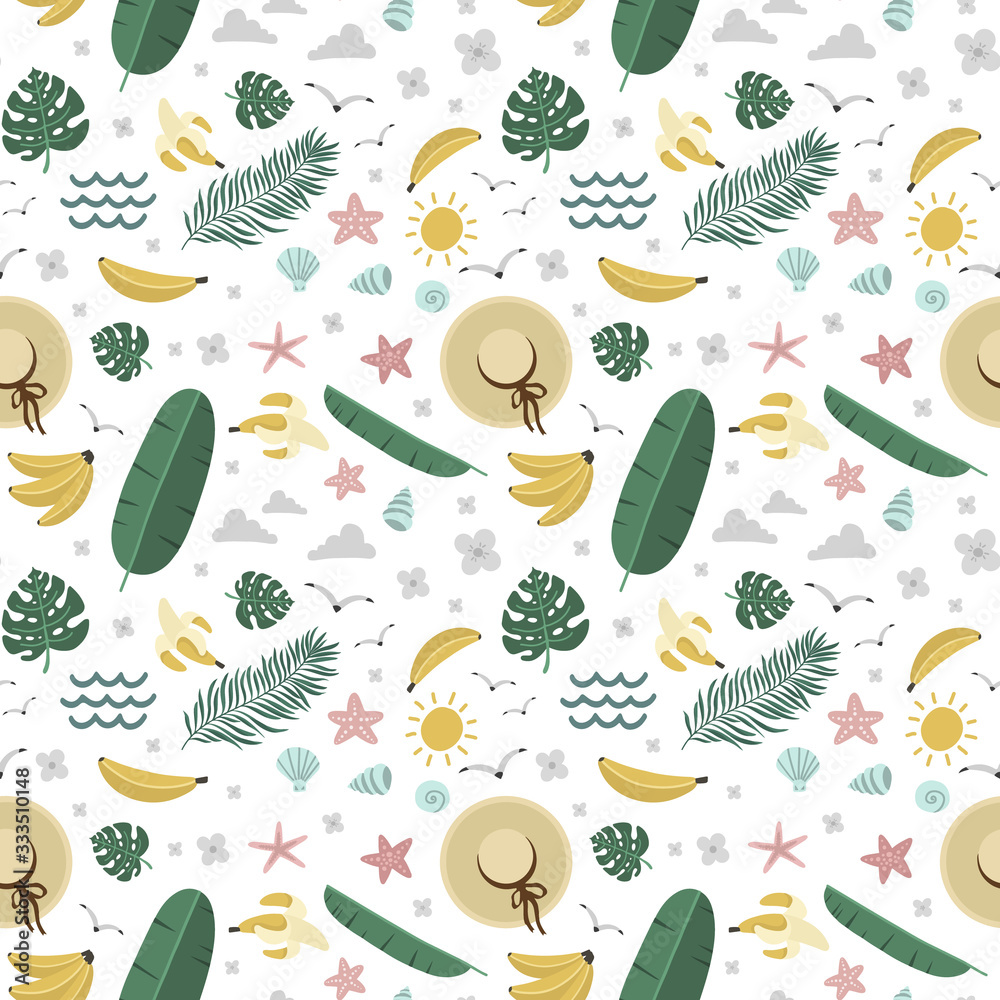 summer seamless pattern, bananas and palm trees, hat and mollusks, vector illustration hand drawing summer seamless pattern, bananas and palm trees, hat and mollusks, vector illustration hand drawing