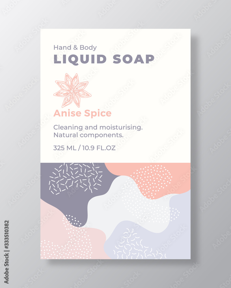 Liquid Soap Package Label Template. Abstract Shapes Camo Background Vector Cover. Cosmetics Packaging Design. Modern Typography and Hand Drawn Anise Spice Sketch.