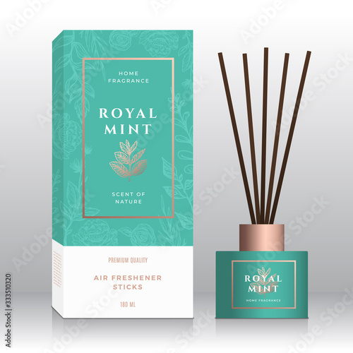 Mint Branch Home Fragrance Sticks Abstract Vector Label Box Template. Hand Drawn Sketch Flowers, Leaves Background. Retro Typography. Room Perfume Packaging Design Layout. Realistic Mockup.