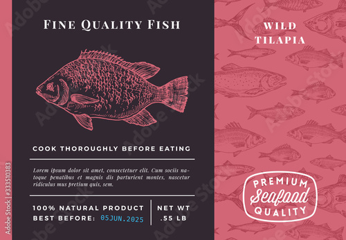 Premium Quality Wild Tilapia Abstract Vector Packaging Design or Label. Modern Typography and Hand Drawn Sketch Fish Pattern Background Seafood Layout