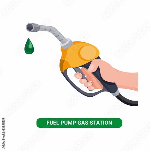 Hand holding fuel nozzle, petrol pump  with oil drop in gas station cartoon flat illustration vector isolated in white background