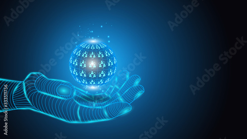 Vector illustration of artificial intelligence holding planet Earth in hand. Science, futuristic, web, network concept, communications, high technology. EPS 10
