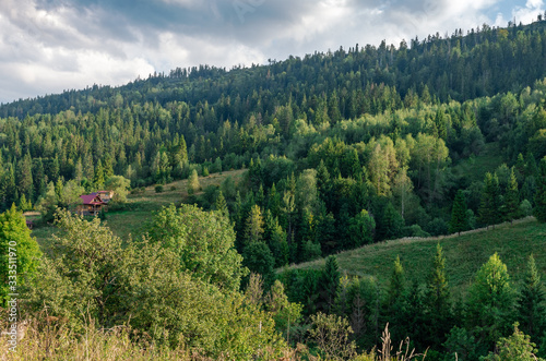 Mountain valley village landscape in summer.