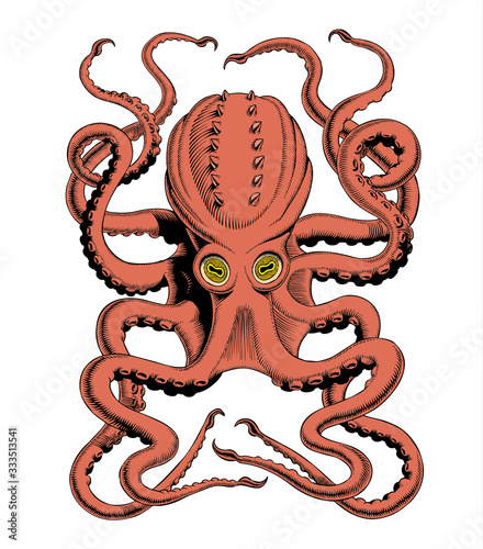 Octopus or Kraken hand drawing high-detailed vintage engraving vector illustration. 