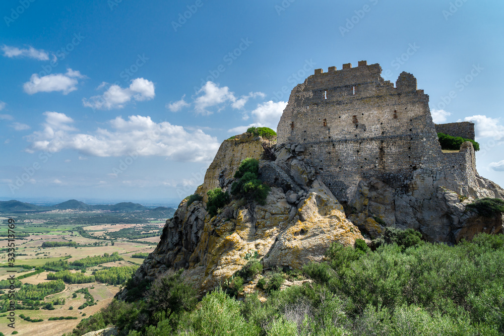 The Acquafredda Castle towering the Cixerri Valley in Sardinia ad Sunset