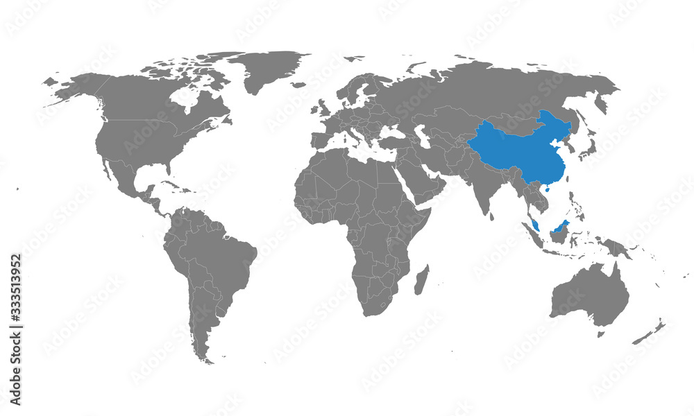 Malaysia, china countries highlighted on world map. Business, political, health, trade and tourism.