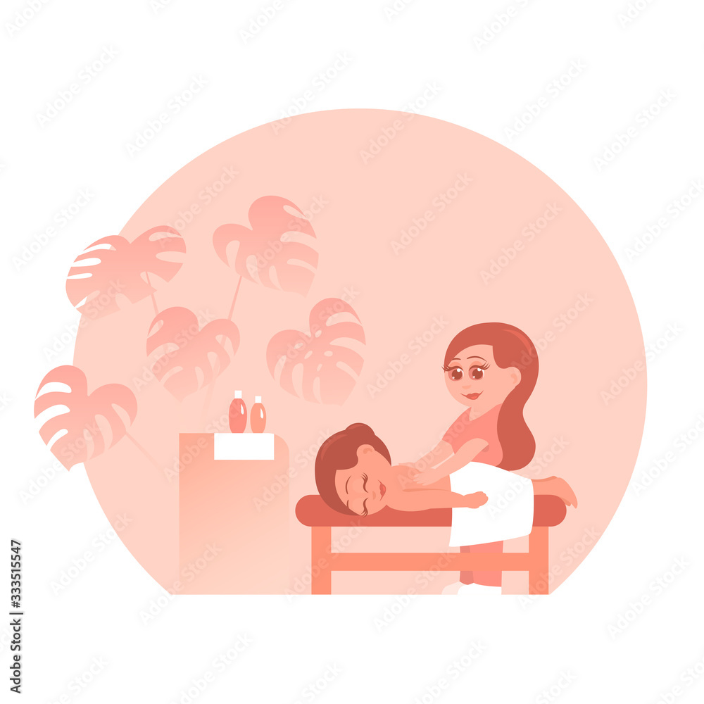 Woman on a massage procedure in a beauty salon. Place for text. Vector cartoon illustration. Woman on a massage procedure in a beauty salon. Place for text. Vector cartoon illustration.