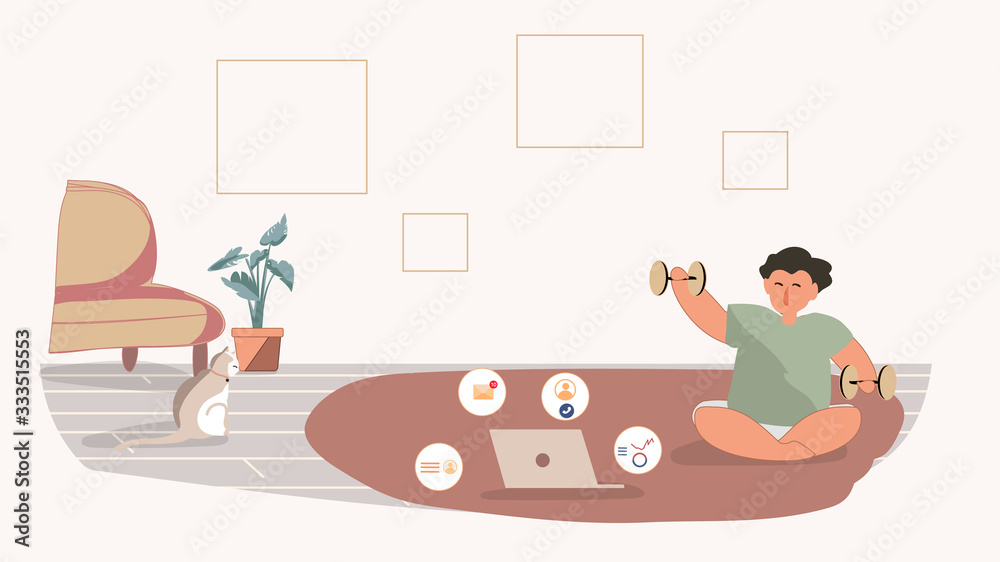 Art & Illustration Work from home concept.Vector illustration of Young man exercising while take a break from work.self isolation,stay home during covid-19 lock down. Social distancing.Life changing. Art & Illustration Work from home concept.Vector illustration of Young man exercising while take a break from work.self isolation,stay home during covid-19 lock down. Social distancing.Life changing.