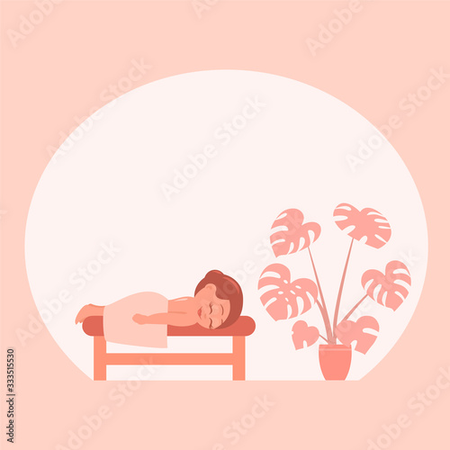 A beautiful girl in a good mood lies on a massage table in a session. It is covered with a towel. Vector cartoon illustration.