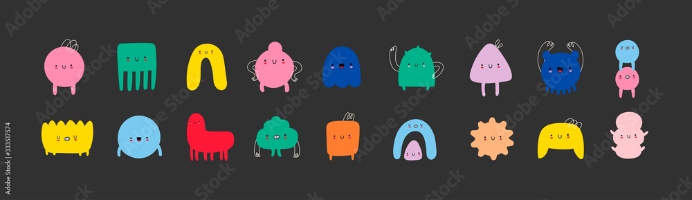 Hand drawn cute Tiny Little Doodle Monsters. Cheerful face emotions. Colorful big Vector set. Trendy illustration for kids. All elements are isolated on black background - obrazy, fototapety, plakaty 