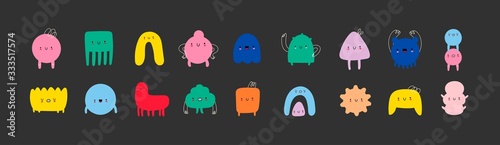 Hand drawn cute Tiny Little Doodle Monsters. Cheerful face emotions. Colorful big Vector set. Trendy illustration for kids. All elements are isolated on black background photo