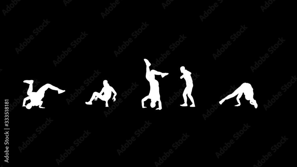 Breakdancing team silhouette dancing, slow motion Breakdancing team silhouette dancing, slow motion