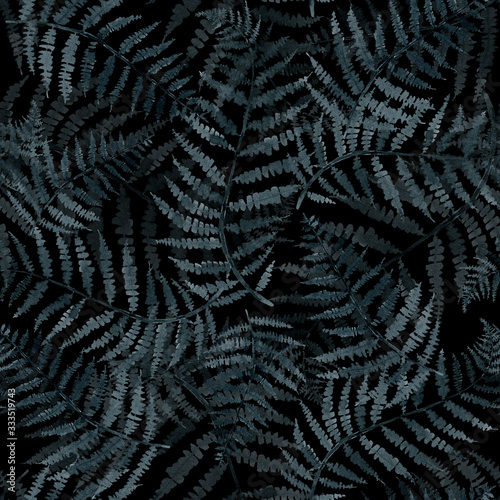 fern branch, indigo blue watercolor hand drawing, seamless pattern, illustration