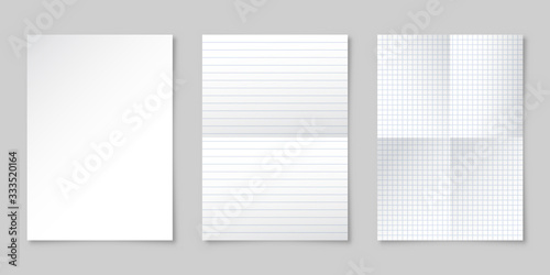 Realistic blank lined paper sheet with shadow in A4 format. Notebook or book page. Design template or mockup. Vector illustration.