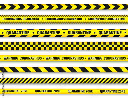 Quarantine zone warning tape. Novel coronavirus outbreak. Global lockdown. Coronavirus danger stripe. Police attention line. Vector illustration. © 32 pixels
