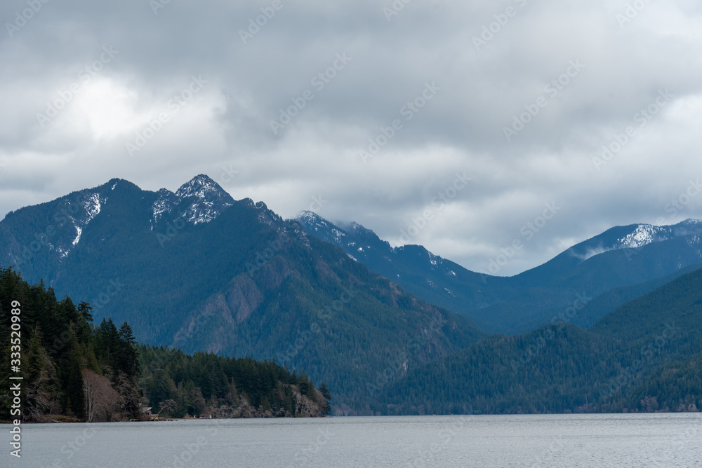 Landscape of Lake Crescent and mountains in Olympic National Park in Washington