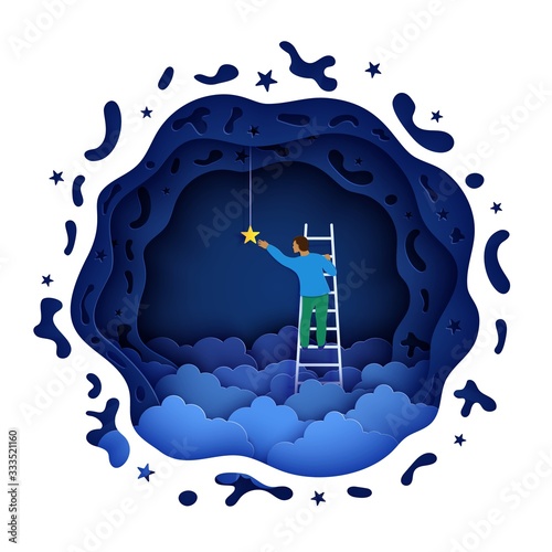 Man on a ladder to pick the star above cloud in paper cut style. Papercut businessman climbing on ladder to sky and trying to catch dream star. Follow your dreams vector motivational poster concept