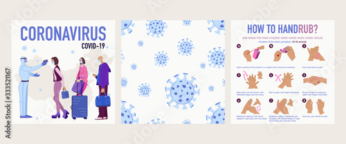 Illustration of Coronavirus COVID-19 outbreak concept. Multiracial people in medical face mask standing in queue. Passangers are measured temperature. Novel coronavirus (2019-nCoV).