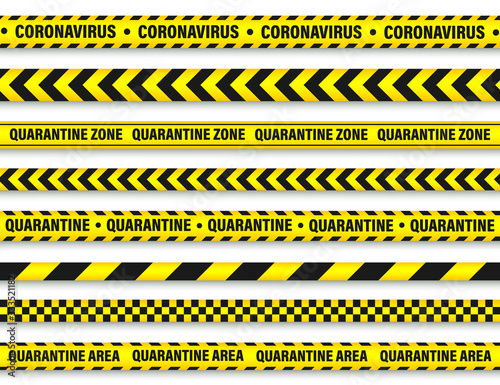 Quarantine zone warning tape. Novel coronavirus outbreak. Global lockdown. Coronavirus danger stripe. Police attention line. Vector illustration. © 32 pixels