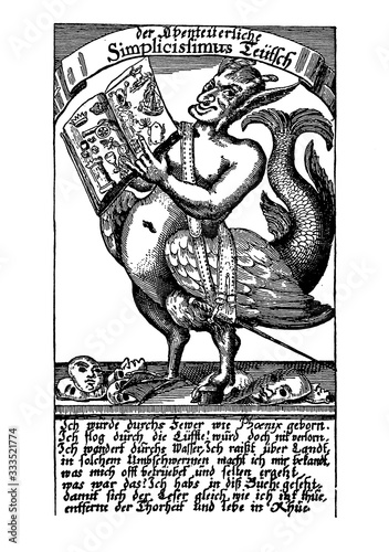 Book frontispiece: Simplicius Simplicissimus - Der abenteuerliche Simplicissimus Teutsch - picaresque baroque novel written in 1668 by Hans Jakob Christoffel von Grimmelshausen