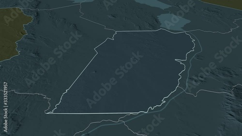 Balaka, district with its capital, zoomed and extruded on the administrative map of Malawi in the conformal Stereographic projection. Animation 3D photo