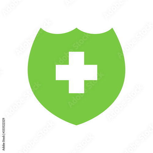 Green shield icon with a medical cross. Flat vector symbol of assistance. Respiratory face mask. Virus protection illsutration.